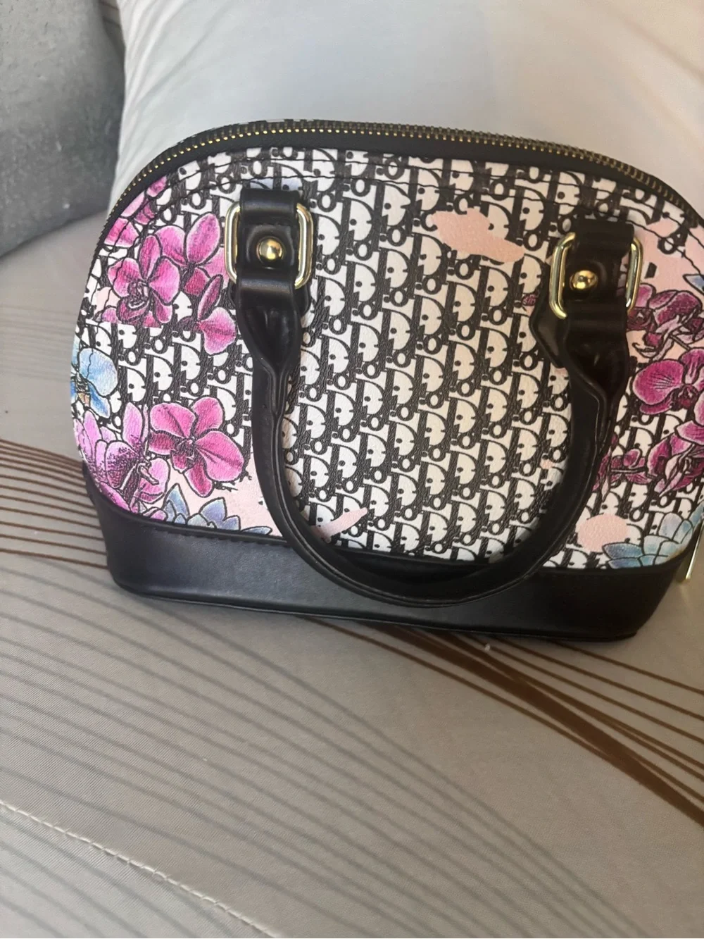 Inspired Dior Black Trim Floral Logo Dome Bag with Pink Accents